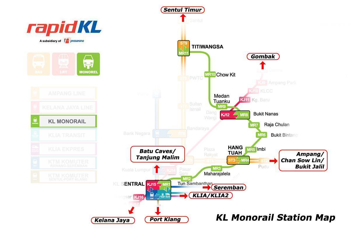 kl مرکزی مونو ریل اسٹیشن کا نقشہ